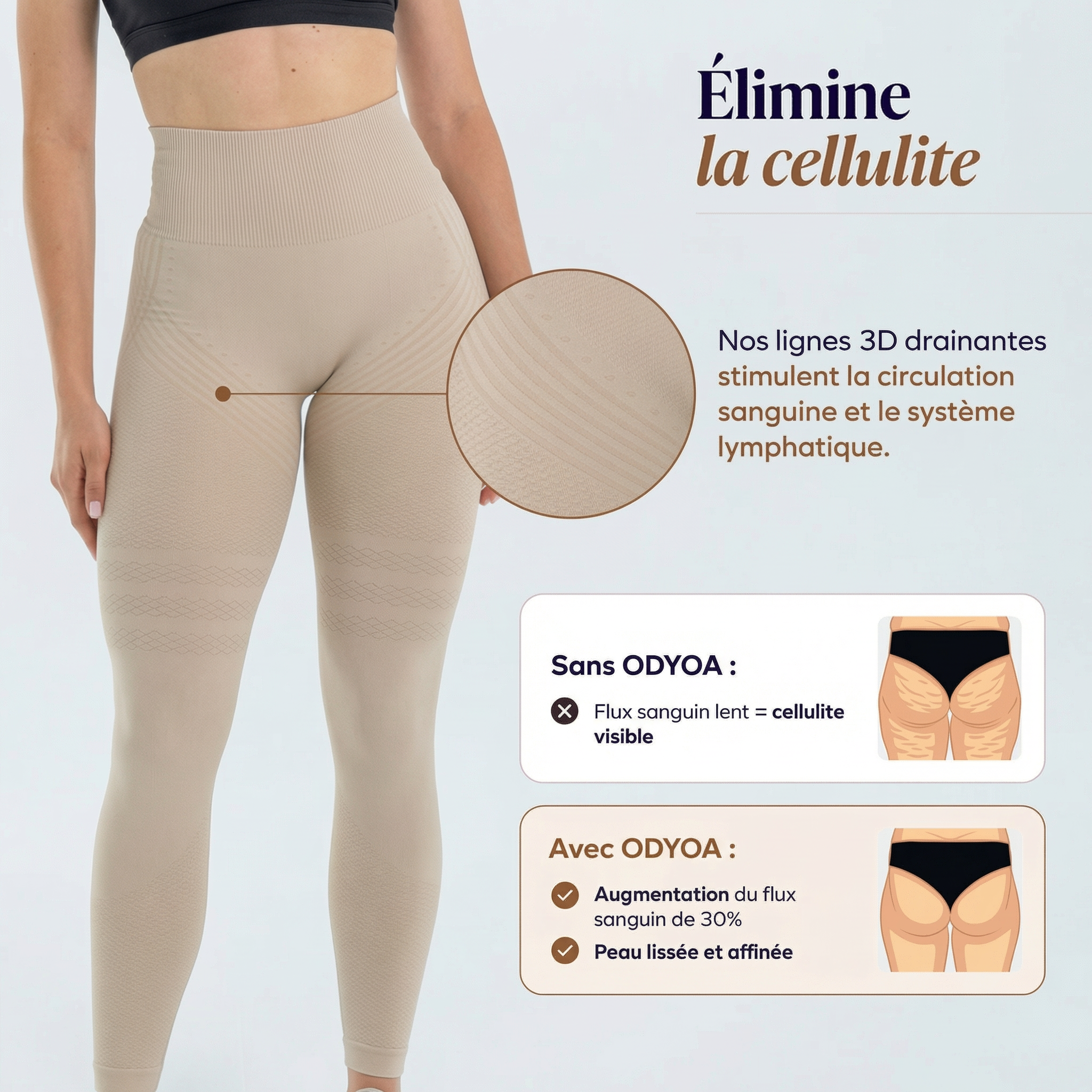 LEGGING BEIGE ODYOA 3D-Drain™ - Technologie 3D Anti-Cellulite
